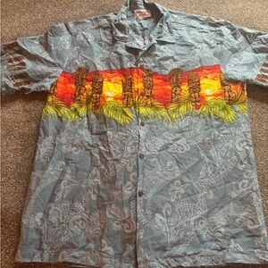 Sz L Pacific Legend Men's Tropical Print Button-Up Shirt tiki tribal Hawaiin USA